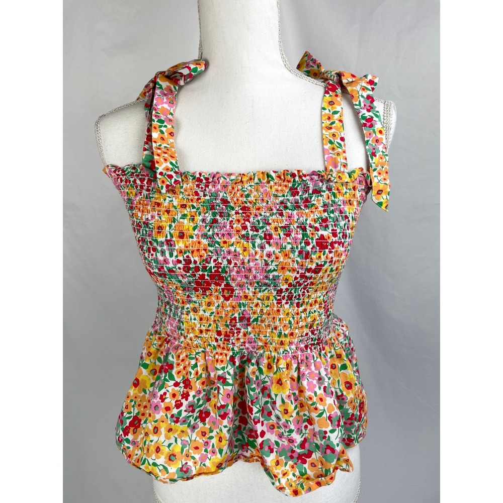 J. Crew Women Small Red Orange Floral Smocked Tie Straps Crop Peplum Top